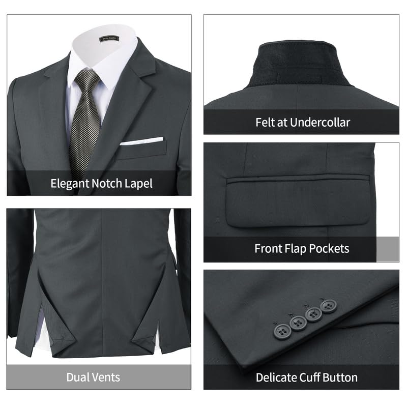 WEEN CHARM بدلات WEEN CHARM للرجال، مجموعة بدلة ضيقة مكونة من 3 قطع مع سترة ذات زرين، سترة، بنطلون، توكسيدو لحفلات الزفاف، الحفلات، الحفلات، الأعمال رمادي - Image 5